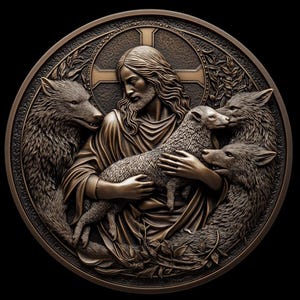 Op de afbeelding: Een bronzen sculptuur dat Jezus voorstelt die een lam vasthoudt, omringd door drie wolven. Het beeld is rond en heeft een kruis achter Jezus.