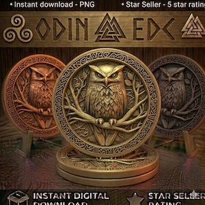 May include: Three circular bronze-toned medallions featuring a detailed relief of an owl perched on a branch. The central medallion is prominent, while two others are positioned behind it. Each piece displays intricate knotwork borders and textures.