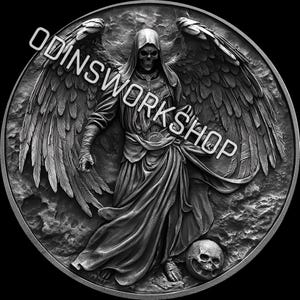 U- Angel of Death 4K PNG 3d Prägedateien, Faserlasergravur Designs, Münzgravur Tiefenkarte Laserschnittdateidesign. EDC Tiefe