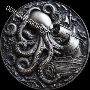 Fichiers de gaufrage 3D PNG The Kraken 4K, modèles de gravure laser à fibre optique, modèle de fichier découpé au laser pour carte de profondeur de gravure de pièces de monnaie. Profondeur de l'EDC