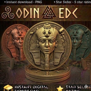 May include: Three circular medallions featuring a relief of a pharaoh in gold, copper, and bronze tones. The central medallion is gold, flanked by copper and bronze versions. Each displays a detailed pharaoh head with a nemes headdress.