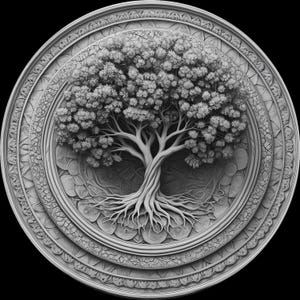 U - drzewo życia. Drzewo świata. Pliki do wytłaczania 3D Yggdrasil, projekty grawerowania laserowego światłowodowego, projekt pliku mapy głębokości grawerowania monet laserem.PNG