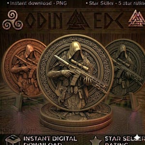 May include: Three circular bronze-toned medallions featuring a relief design of a hooded figure holding a rifle. The central medallion is elevated on a base. The background displays the text ODIN EDC, a triskelion symbol, and a valknut symbol.