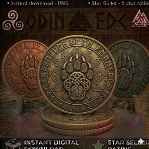 Può includere: Tre monete metalliche circolari con un'impronta di zampa d'orso centrale e intricati motivi a intreccio celtico. Le monete sono circondate da un bordo di caratteri runici. Il design è realizzato con finiture metalliche bronzo, oro e argento.