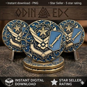 May include: Three circular challenge coins featuring a central gold star, a stylized wing emblem, and a missile icon set against a deep blue background with intricate gold scrollwork and chain borders. The coins have a metallic finish and reeded edges.