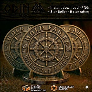 May include: Three circular bronze-toned medallions featuring a central ship wheel design. The outer rim of each medallion is embossed with the text HOLD FAST. The items are displayed on small stands against a dark, textured background.