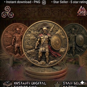 May include: Three circular bronze-toned medallions featuring a relief of a Spartan warrior in a plumed helmet, holding a spear and shield. The central medallion is highlighted in gold, while the flanking medallions appear in copper and dark bronze.