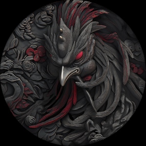 Puede incluir: Escultura en relieve circular detallada que presenta un gallo estilizado con ojos y acentos rojos. Las plumas del gallo están intrincadamente talladas en tonos de gris y negro, con reflejos rojos. El fondo incluye patrones florales y foliares.
