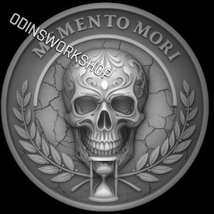 Pièce de monnaie U-Memento Mori 4k png, fichiers de gaufrage 3D, motifs de gravure laser à fibre optique, conception de fichier découpé au laser de carte de profondeur de gravure de pièce de monnaie. carte de profondeur