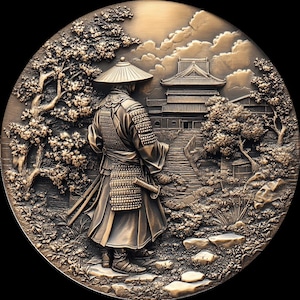 Puede incluir: Una escultura de bronce de un guerrero samurái con armadura tradicional, de pie en un jardín con un templo en el fondo. La escultura es detallada y realista, con intrincados tallados en la armadura y la cara del samurái.