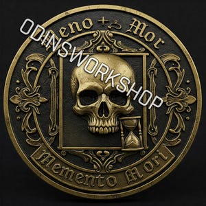 Pièce de monnaie U-Memento Mori 4k png, fichiers de gaufrage 3D, motifs de gravure laser à fibre optique, conception de fichier découpé au laser de carte de profondeur de gravure de pièce de monnaie. carte de profondeur