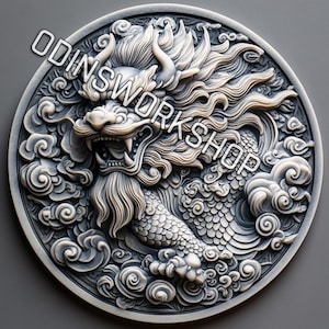 U-Shinto-munt LION DOG. KOMAINU Japanse 3D-reliëfbestanden, ontwerpen voor fiberlasergravures, ontwerp voor gravuredieptekaart laserbestand. EDc