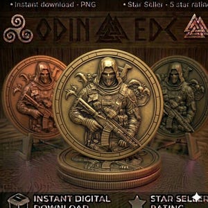 May include: Three circular metallic medallions featuring a relief design of a hooded soldier holding a rifle. The central medallion is gold-toned, while the flanking medallions are copper and bronze-toned. Each coin displays intricate tactical gear.