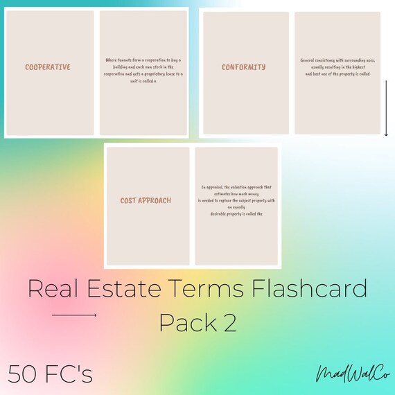 Real Estate Terms Flashcard Pack 2 Real Estate Exam Practice Etsy