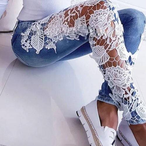 White Floral Embroidery Lace Jeans/ Denim Skinny Jeans/ Bridal - Etsy