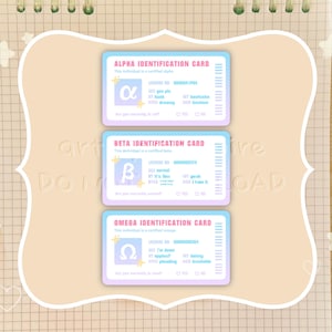 May include: Three pastel-colored identification cards with the Greek letters alpha, beta, and omega. Each card has a unique design with text and check boxes. The cards are on a light beige background with a decorative border and star and cross shapes.