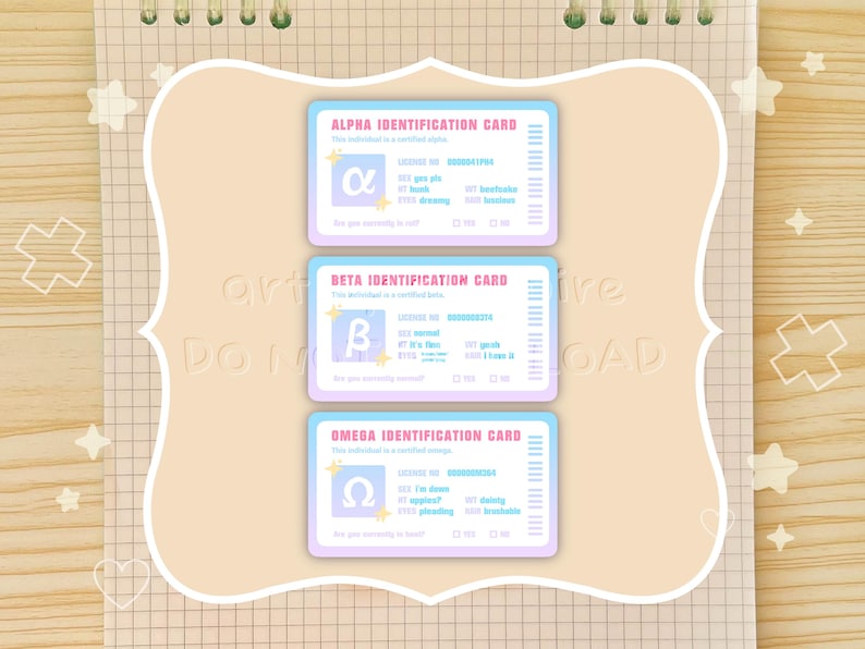May include: Three pastel-colored identification cards with the Greek letters alpha, beta, and omega. Each card has a unique design with text and check boxes. The cards are on a light beige background with a decorative border and star and cross shapes.