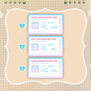 May include: Three pastel-colored identification cards labeled Alpha, Beta, and Omega. Each card features a unique symbol, a license number, and fill-in-the-blank fields. The cards are set against a light beige background with heart and star accents.