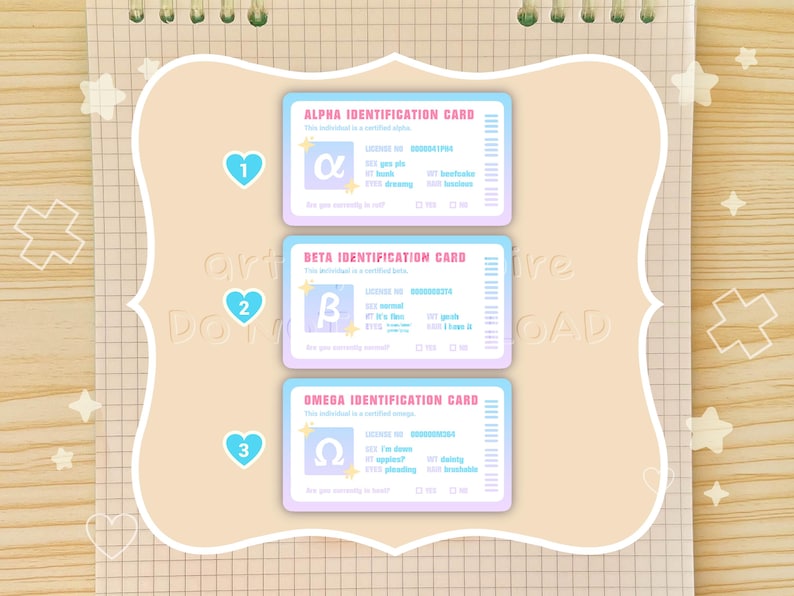 May include: Three pastel-colored identification cards labeled Alpha, Beta, and Omega. Each card features a unique symbol, a license number, and fill-in-the-blank fields. The cards are set against a light beige background with heart and star accents.