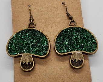 Green and Antique Brass Mushroom Earrings