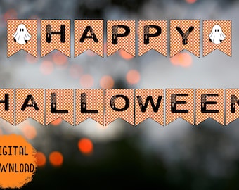 May include: Orange and black Halloween banner with the words "Happy Halloween" in black letters. Each letter is on a separate pennant with a spiderweb pattern. There are ghost silhouettes on the first and last pennants.