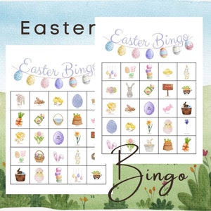 Osterbingo, Aquarell, 50 einzigartige Karten, Ostern Klassenzimmer Aktivität, Osterspiel, Osterparty Aktivität, Ostern Kinderaktivität,