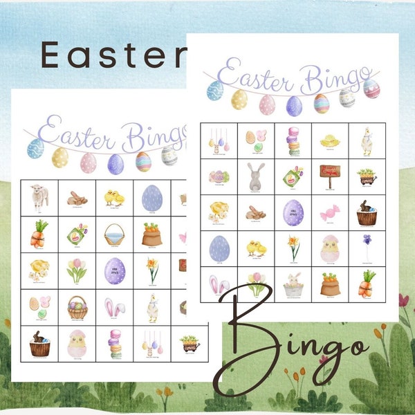 Bingo de Pâques 2024, aquarelle, 50 cartes uniques, activité de Pâques en classe, jeu de Pâques, activité de fête de Pâques, activité de Pâques pour enfants,