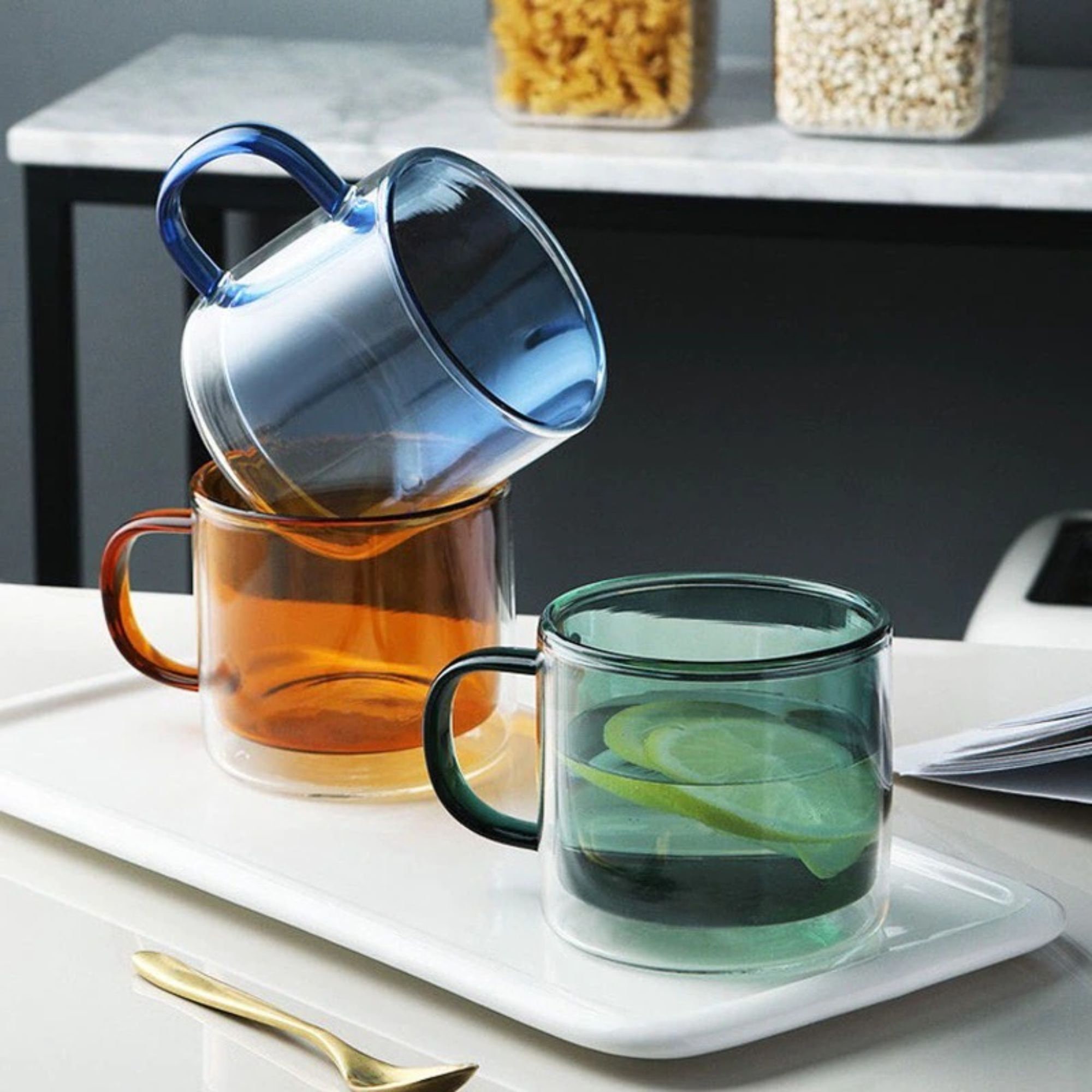 Set of 2 Colourful Double Wall Glass Mugs With Handle Heat Etsy UK