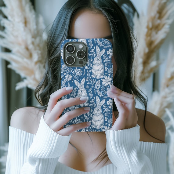 Blue & White Floral Bunny Phone Case, Rabbit Phone Cover - TSM030
