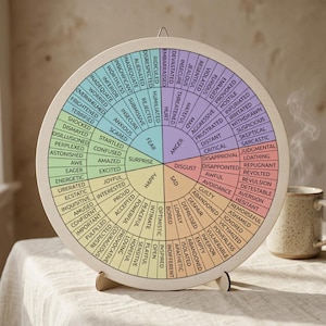 May include: A circular wooden feelings wheel chart featuring a color-coded spectrum of emotions. The wheel is divided into segments labeled with core feelings like Fear, Surprise, Happy, Sad, Disgust, and Anger, with sub-categories radiating outward.