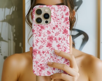 Roze Toile De Jouy-telefoonhoesje, Franse telefoonhoes met bloemen, Coquette Parijse ontwerp - TSM043