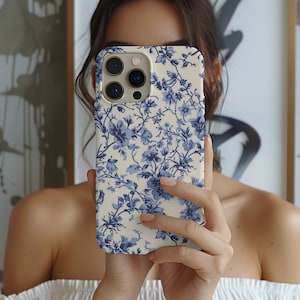 Blauwe Toile de Jouy Magsafe iPhone-hoesje, stoere slanke Franse telefoonhoes met bloemen - TSM011