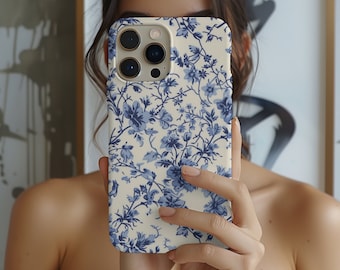 Blue Flower Toile De Jouy Magsafe Phone Case, Tough Slim Case, French Parisian Floral Case, iPhone Case 7, 8, X, 11, 12, 13,14,15 Pro-TSM011