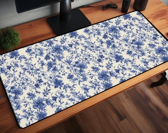 Blue Toile De Jouy Desk Mat, Cottagecore Floral Mousepad