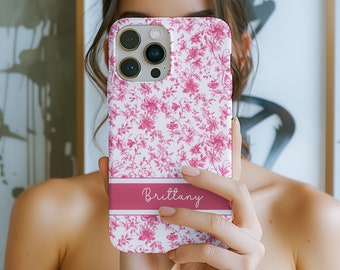 Gepersonaliseerde roze Toile de Jouy Magsafe-telefoonhoes, cadeau monogram coquette - TSM046