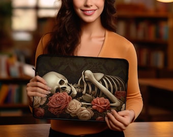 Skeleton Laptop Sleeve, Gothic Macabre, Floral Skull Design