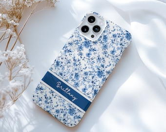 Custom Name Blue Toile De Jouy Phone Case, Personalized Floral Phone Cover - TSM045