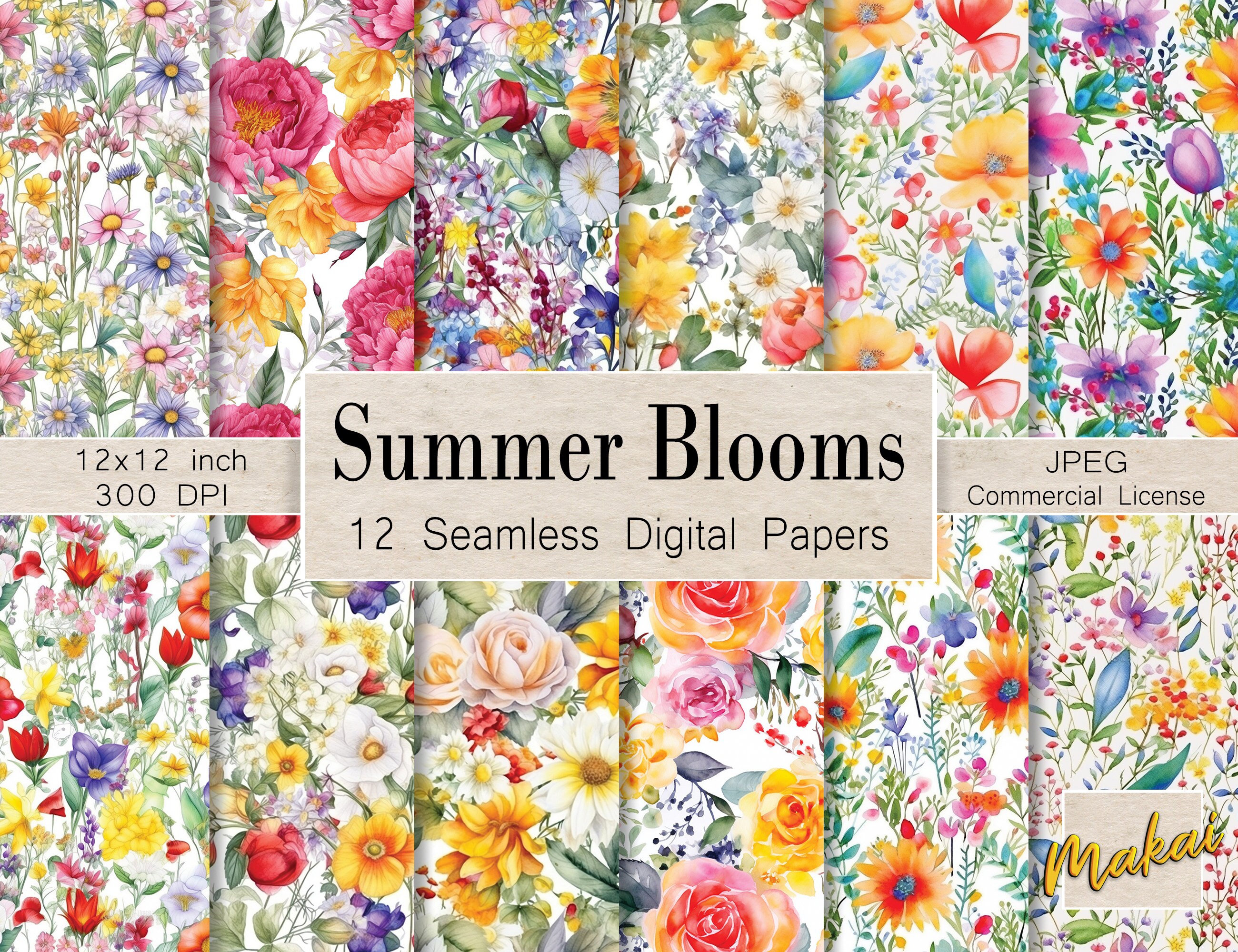 12 Seamless Digital Papers, Watercolor Summer Floral Patterns, Use for ...