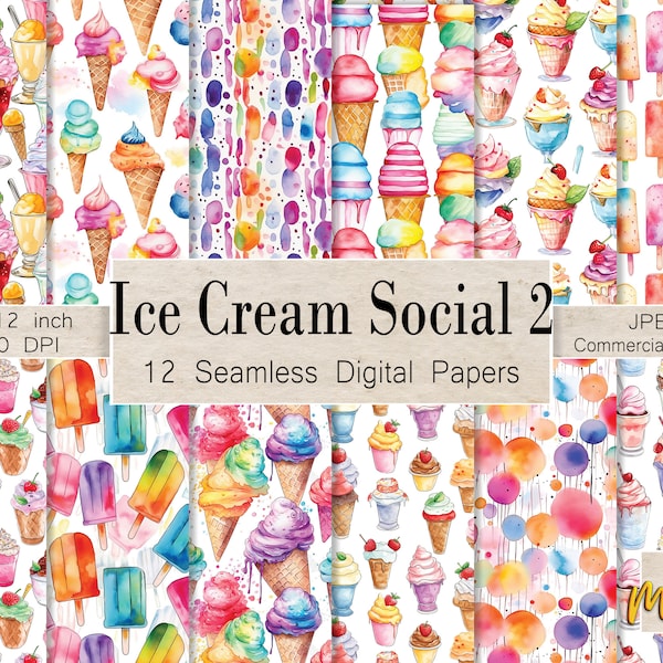 12 Seamless Digital Patterns, Summer Ice Cream Seamless Papers, Instant Download, Full Commercial Use License, Ice cream cones, popsicles,