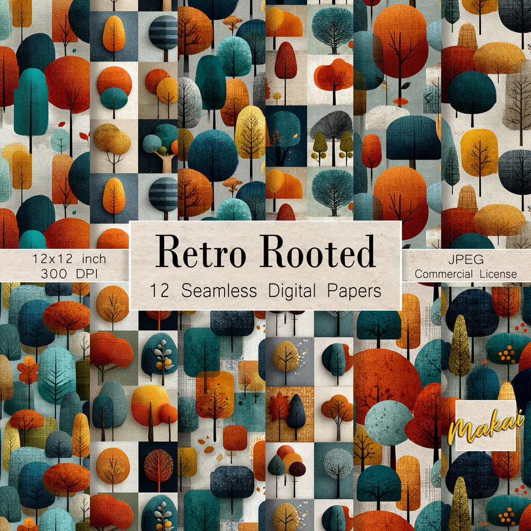 Retro Fall Tree Seamless Patterns: Mid-century Modern Digital Paper ...