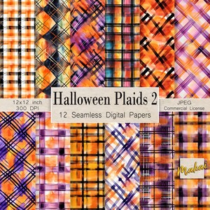 Puede incluir: Doce papeles digitales con patrones de cuadros escoceses de Halloween sin costuras en naranja, morado, negro y blanco. Los patrones miden 30,5 cm por 30,5 cm y 300 DPI.