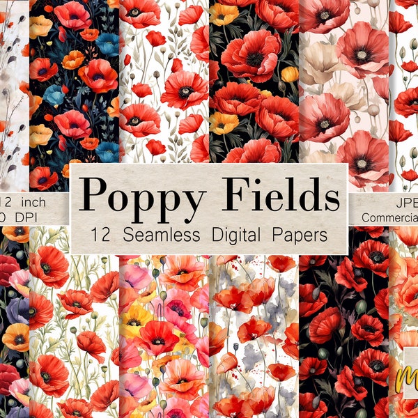 12 Seamless Digital Patterns, Watercolor Poppies, Use for cards, invitations, sublimation, fabric printing, Commercial license