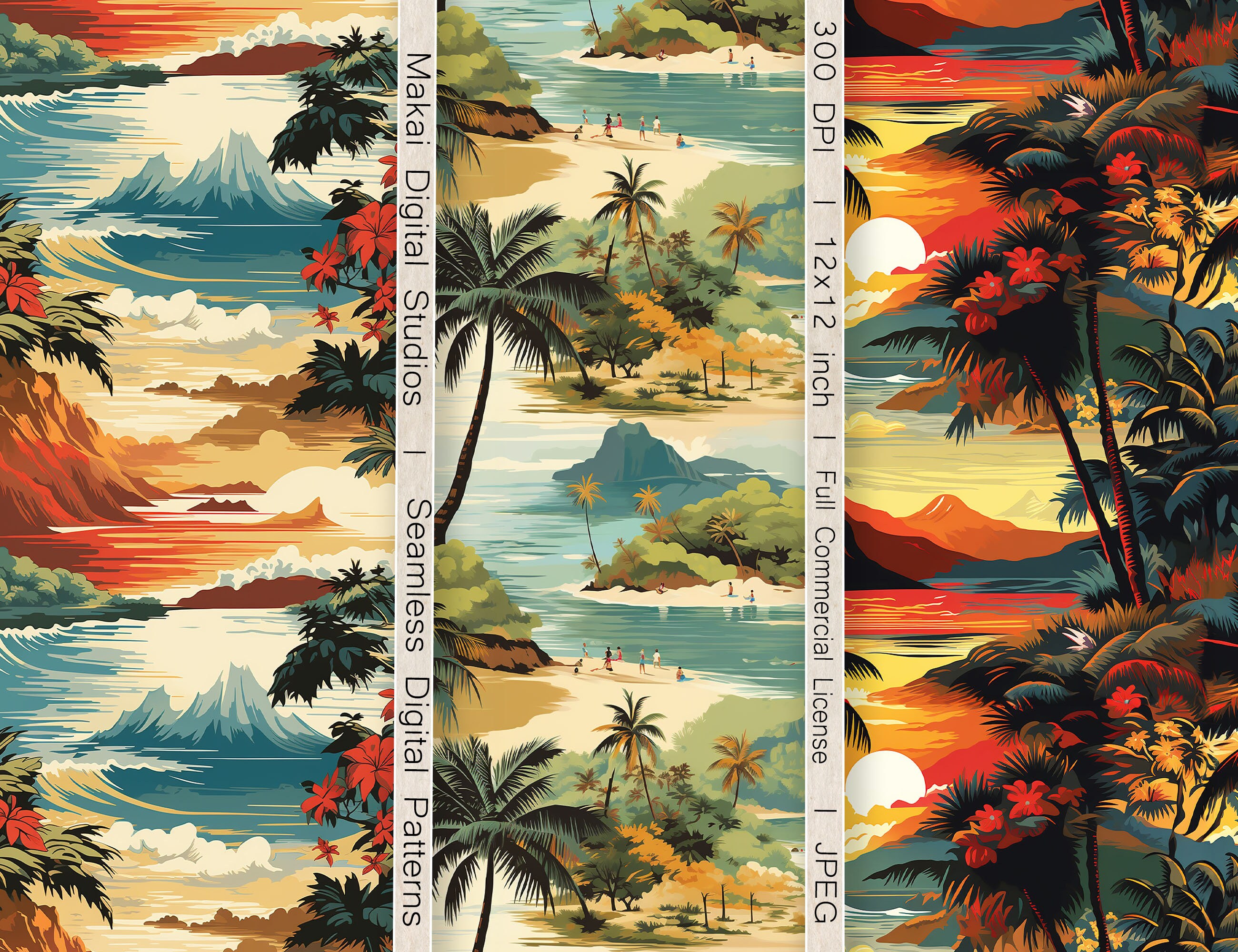 12 Seamless Digital Patterns, Vintage Hawaiian Travel Patterns, Use for ...