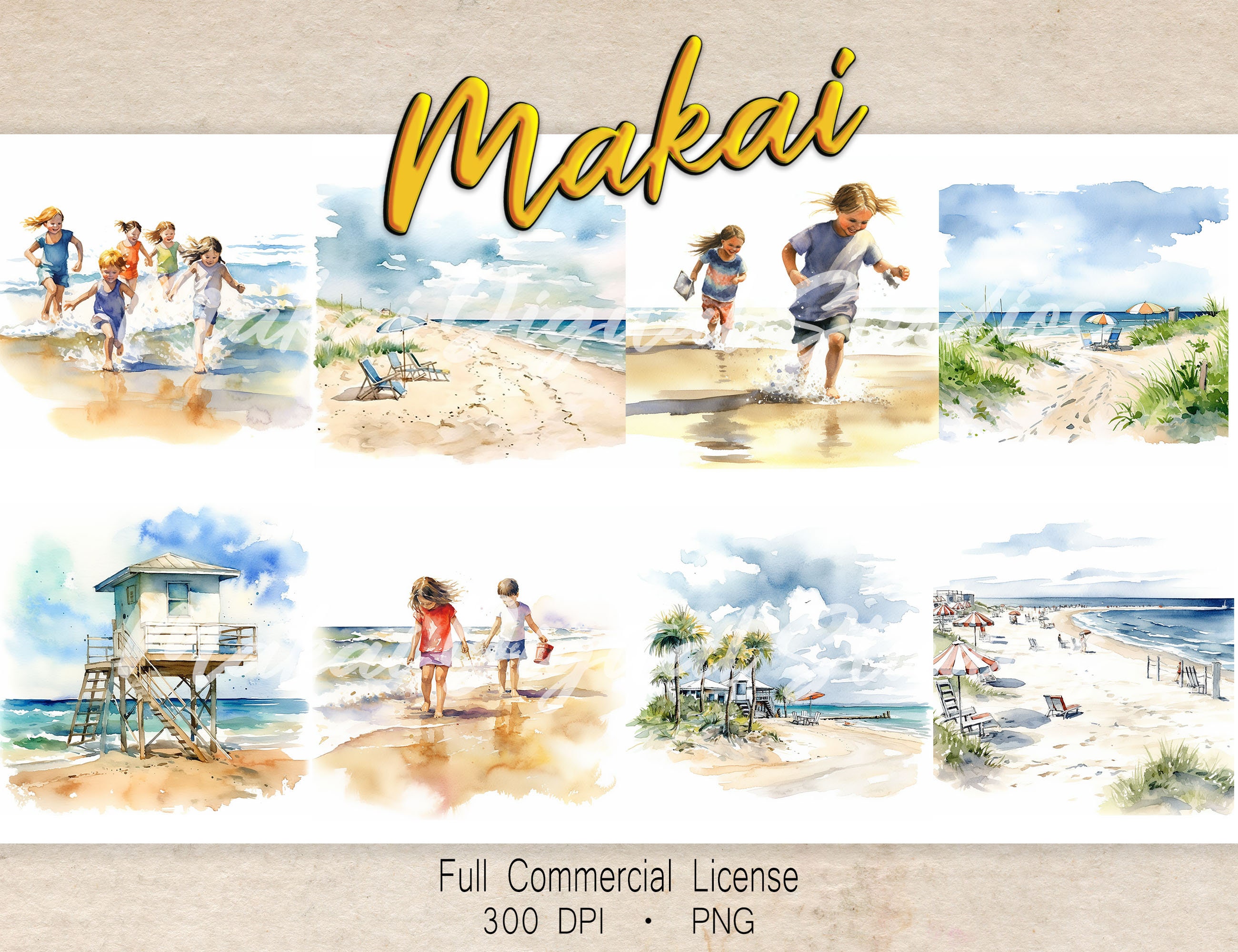 20 Clip Art Graphics, Watercolor Beach Clipart, Instant Download, Full ...