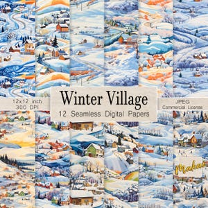 12 fondos digitales repetitivos, patrón ilustrado de pueblo nevado de invierno, impresión en tela, tarjetas, diseño web, licencia comercial