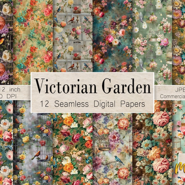 12 Seamless Digital Papers, Patterns of Victorian oil painting of flowers, birds, & birdcages, Use for junk journals, steam punk, scrapbook