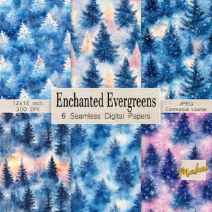 6 digitale nahtlose Muster, Aquarell Evergreens, verschneite Weihnachten für Karten, Einladungen, Sublimation, Stoffdruck, kommerzielle Lizenz