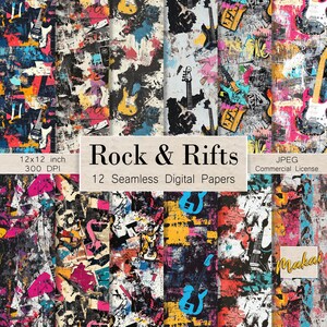 May include: Twelve digital papers featuring a colorful, abstract, grunge-style design with electric guitars. The papers are 12x12 inches and 300 DPI. The text "Rock & Rifts" is in the center of the image.