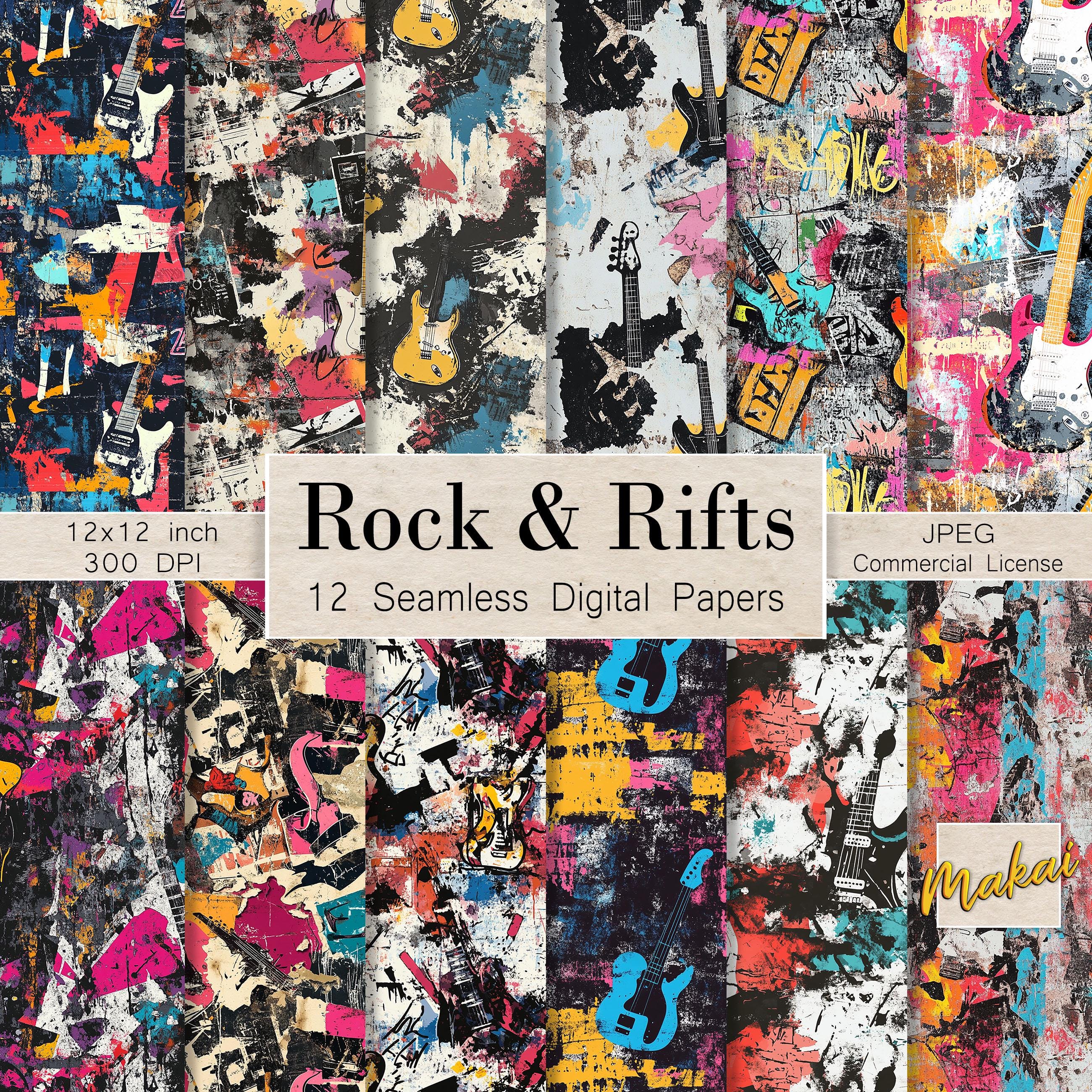 12 naadloze rockpatronen, elektrische gitaar digitaal, muziek, grunge, retro rock, bedrukken van stoffen, scrapbooking, sublimatie, commerciële licentie