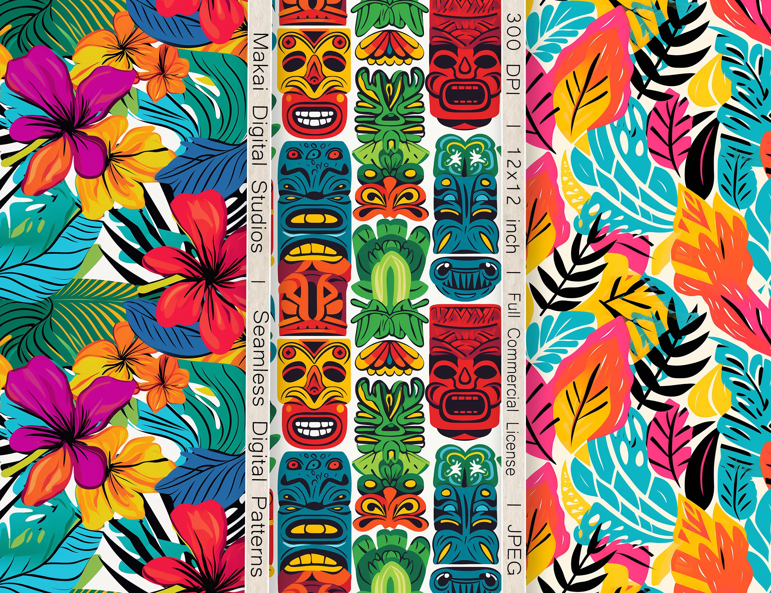 12 Seamless Digital Patterns, Summer Hawaiian Luau and Tikis, Use for ...